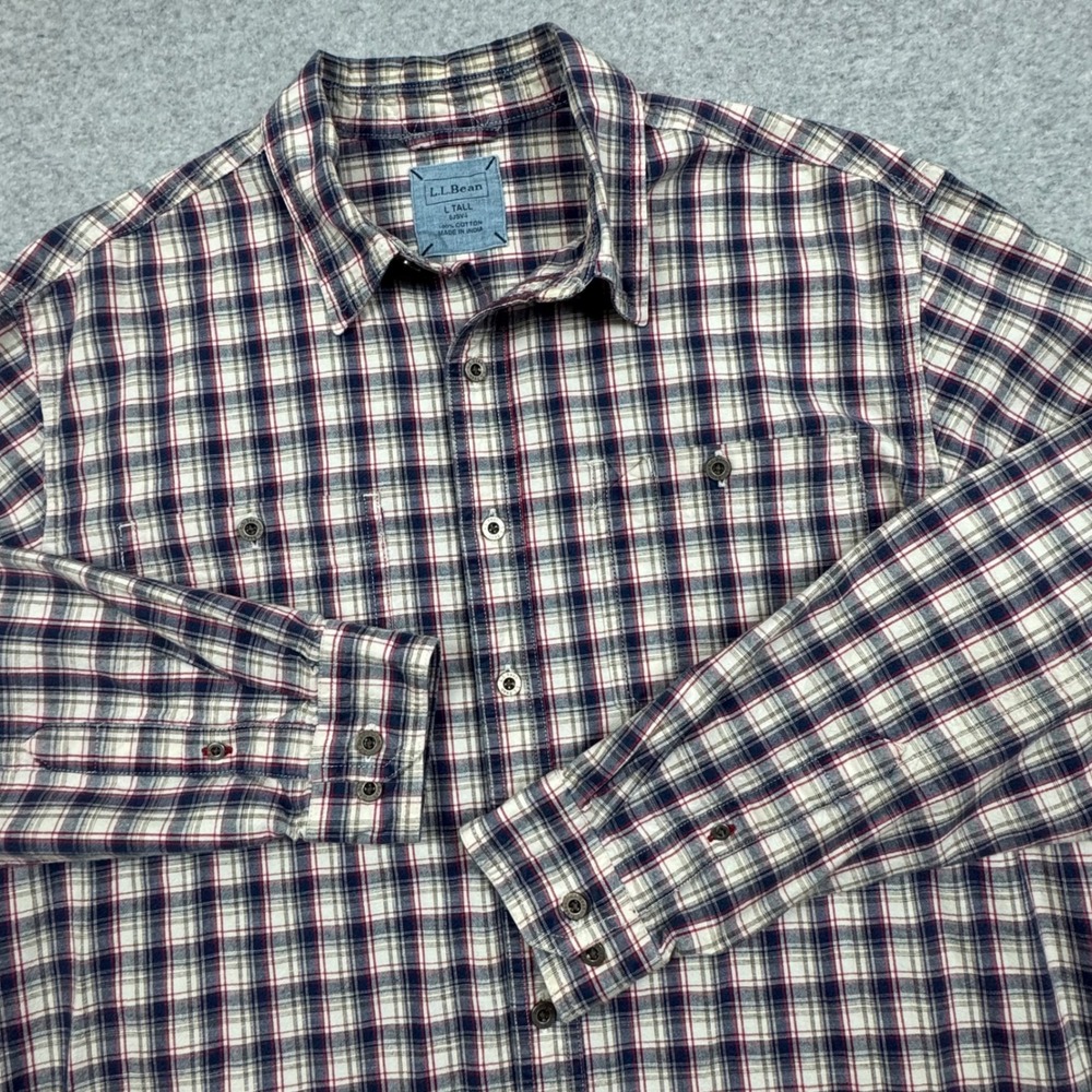 LL Bean Mens Large Tall Plaid Button Down Shirt Navy Red Cotton 0JSV4 LongSleeve